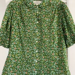 Trovata Gemma Green Floral Ruffle Collar Pleated Smock Sleeve Cotton Blouse